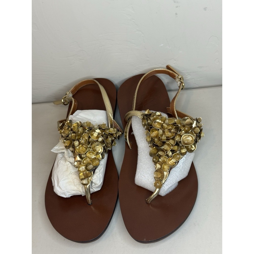 B. Makowsky Gia Gold Metallic Jeweled T-Strap Flat Sandals‎ Size 8M New Leather